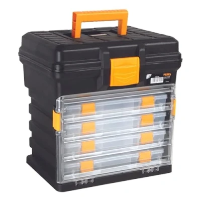 Imagen de Perel Caja de almacenamiento multifuncional, polipropileno, 5 PC, portátil, con 4 cajas extraíbles para accesorios, negro/amarillo, 340 x 272 341 mm