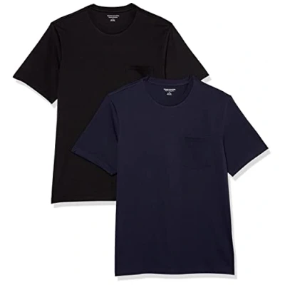 Imagen de Amazon Essentials Camiseta de Manga Corta con Bolsillo, Cuello Redondo y Corte Recto Hombre, Pack 2, Azul Marino/Negro, L