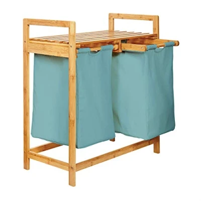 Imagen de Lumaland cesto de ropa sucia bambú con 2 bolsas extensibles Tamaño aprox. 73 cm alto x 64 ancho 33 profundidad [Azúl Claro]