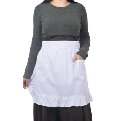 Imagen de Love Potato delantal 100% algodón con 2 bolsillos en la cintura, para cocina, restaurante, bistró, medio niña y mujer, color blanco, 26L x 18H