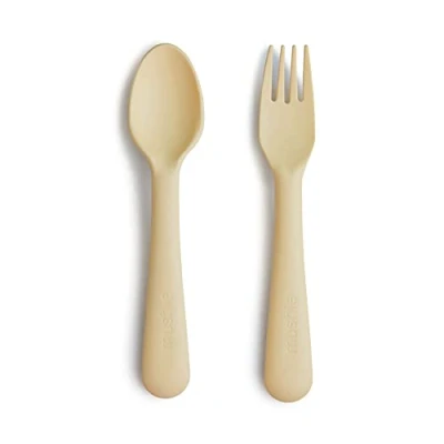 Imagen de Mushie Juego de Cubiertos con Tenedor y Cuchara para Bebés Reutilizables Niños Pequeños Niñas Fabricado en Dinamarca Sin BPA Apto Lavavajillas Pale Daffodil
