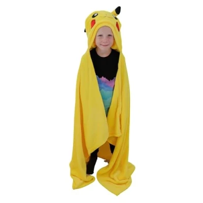 Imagen de Character World Manta de Forro Polar con Capucha Oficial Pokémon, súper Suave y cálida, diseño Sonrisas Cabeza Pikachu, hogar, Dormitorio, Fiestas Pijamas