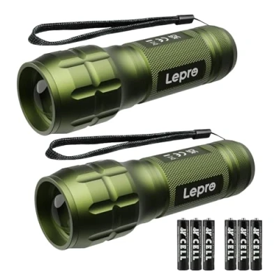 Imagen de Lepro Linterna LED Alta Potencia LE1000, Portátil con Zoom, IPX4 Impermeable Táctica Militar para Ciclismo, Camping, Senderismo etc. 3 AAA Pilas Incluidas [2 PACK] Verde