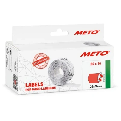 Imagen de Etiquetas Meto para etiquetadoras manuales (26x16 mm, 2 líneas, rojo fluorescente, 6000 unidades, adherencia permanente, Meto, Contact, Sato, Avery, Tovel, Samark, etc.)