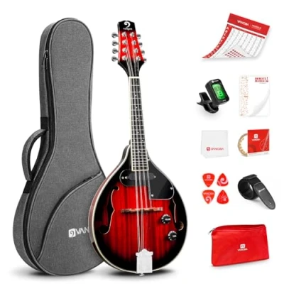 Imagen de Vangoa Mandolina Eléctrica Acústica de Estilo A Instrumento para Principiantes Caoba Rojo con Bolsa Concierto, Púas, Correa Sintonizador Cuerdas
