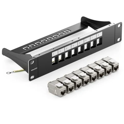 Imagen de deleyCON 8 Puerto Panel de Parches Conjunto Modular 1 HE 10&quot; Pulgadas Instalación en Rack + Módulos RJ45 Keystone CAT6a Compatible con CAT5 CAT6 CAT7 LAN Cables Red Descarga Negro
