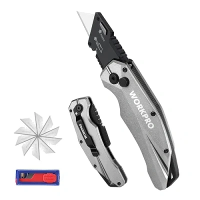 Imagen de WORKPRO Cutter Plegable, Cortador de SK5, Cuchillo Utilitario con 10 Cuchillas Adicionales, Cúter Cambio Rápido y Clip para Cinturón, Gris