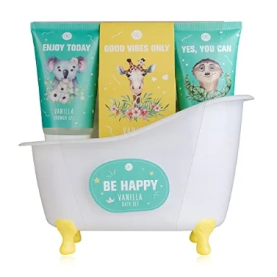 Imagen de Accentra Set de baño y ducha BE HAPPY con aroma a vainilla, regalo para mujeres relajarse en su cumpleaños, Navidad cuidado bienestar 5 piezas bañera blanca