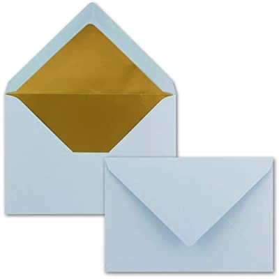 Imagen de Sobres (50 unidades, formato DIN C6, 11,4 x 16,2 cm, cierre en húmedo, superficie mate, forro metálico dorado, sin ventana, para invitaciones), color azul claro