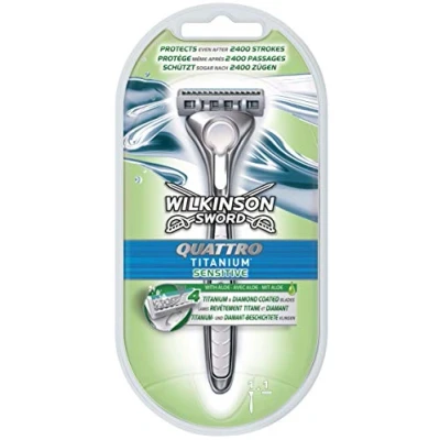 Imagen de Wilkinson Sword Quattro Titanium Sensitive + Maquinilla de Afeitar 4 Hojas con Bandas Gel Aloe Vera y Mentol 1 Recambio