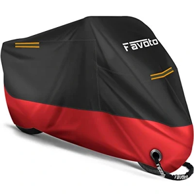 Imagen de Favoto Funda para Moto Cubierta de 210D Impermeable Protectora con Banda Reflectante a Prueba Sol Lluvia Polvo Viento Nieve Excremento Pájaro al Aire Libre, 265x105x125cm Negro+Rojo
