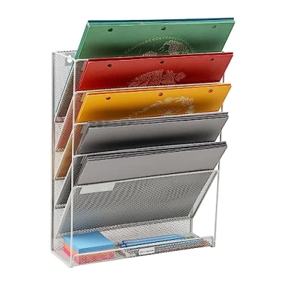 Imagen de Mind Reader 5 Tier Vertical File Storage Organizador de Escritorio, Montaje en Pared, Oficina, Malla metálica, 12.75 Pulgadas Largo Ancho x 40.6 cm Alto, Metal, Blanco
