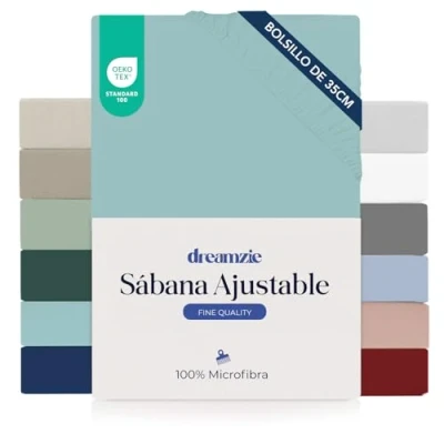 Imagen de Dreamzie Sabanas 80x190/200 cm Esquinas de 35 para Colchones Gruesos 100% Microfibra, Agua, Certificada sin Productos Químicos (Oeko Tex), Bajeras Completamente Elásticas