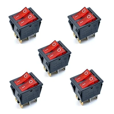 Imagen de Oiyagai 5 Piezas de Interruptor Basculante Barco 2 Vías con Luz Roja KCD4 AC 250V 16A, Terminales 6 Pines, Doble SPST, Encendido/Apagado