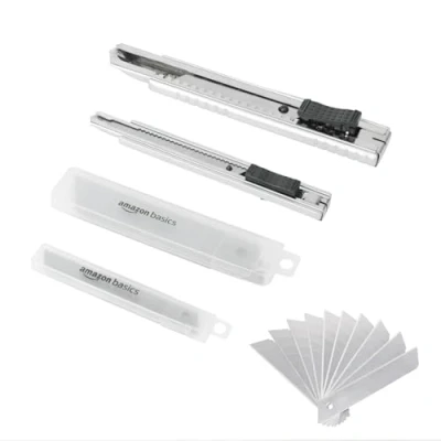 Imagen de Amazon Basics Cuchillo para uso general de aleación zinc con bloqueo automático, paquete 2 20 hojas acero SK5 adicionales cortes precisión, Plata