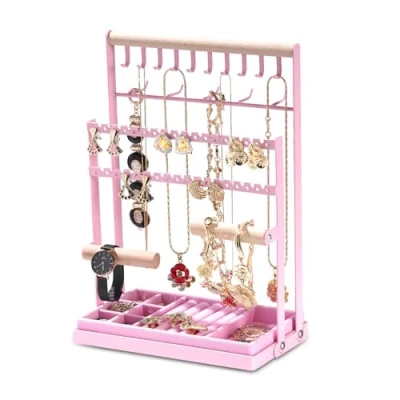 Imagen de Soporte para Joyas Organizador Expositor de con Bandeja Terciopelo, Pendientes Colgar, Collares, Pulseras, Pendientes, Anillos, Idea Regalo, Rosa