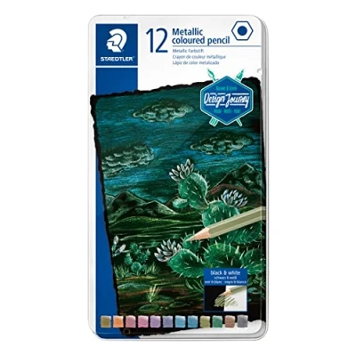 Imagen de STAEDTLER 146M M12 lápices de colores metálicos, para efectos brillo metálico, y reflejos en papel oscuro, mina suave con alta opacidad, 12 estuche metal,