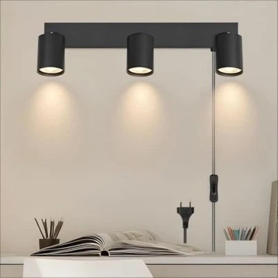 Imagen de Kambo GU10 3 Luces Aplique pared interior negro, Lámpara de ajustable 350 con interruptor, Lamparas aleación aluminio para dormitorio, sala estar, pasillo, mesita noche