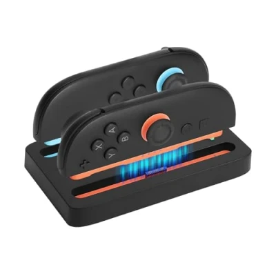 Imagen de Mini base de carga para Switch 2 (2025), dual en 1 Nintendo Switch, controladores Joy Cons con luz indicadora LED colores, estación compacta puertos cable