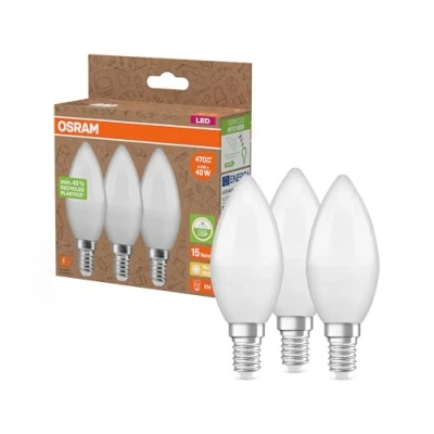 Imagen de OSRAM NATURE LOOP lámparas LED especialmente sostenibles hechas de plástico reciclado, paquete 3 bombillas, reemplaza bombillas incandescentes tradicionales 40W, forma vela, E14