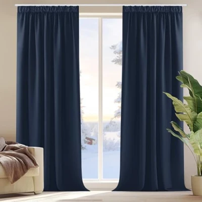 Imagen de Deconovo Cortinas Opacas para Dormitorio Salon Ganchos o Pase por la Barra, Térmicas Aislantes Frio y Calor 2 Piezas, 132x214 cm, Azul Marino