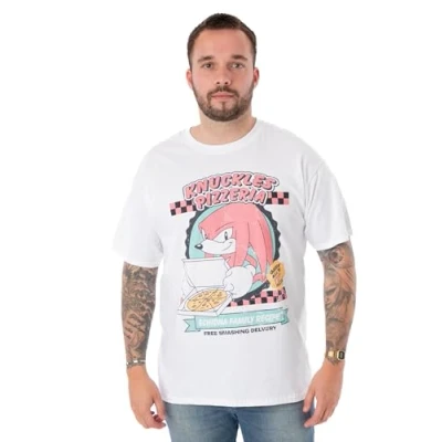 Imagen de Sonic THE HEDGEHOG Camiseta Blanca de Manga Corta para Hombre Diseño pizzería Knuckles Da rienda Suelta al Sabor con Merch Oficial tee entusiastas los Juegos