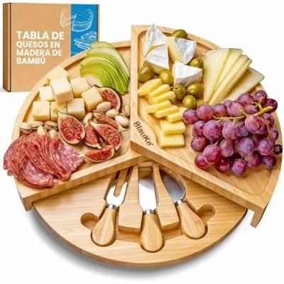 Imagen de Tabla de Quesos con Utensilios Extensible, para 2 3 Personas Bandeja Madera Queso Desayuno Aperitivo Bambú Cortar Bandejas Servir Comida Idea Regalo