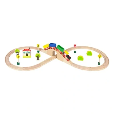 Imagen de WOOMAX 43629 Tren de madera juguete con vías y accesorios, para niños, locomotora