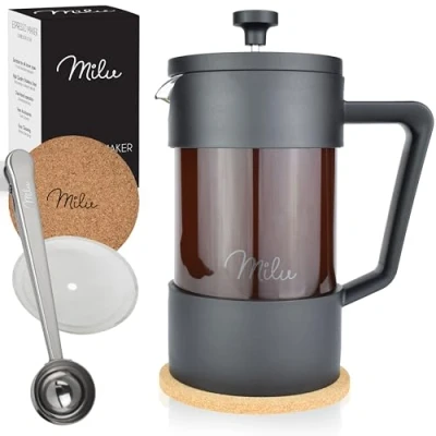 Imagen de Milu Cafetera francesa 350ml, 600ml, 1L prensa embolo de Vidrio French Press Tetera leche chocolate café (Negro, 600ml (3 tazas)