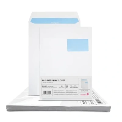 Imagen de Netuno 50 sobres de envío blanco C4 229 x 324 mm 90g grandes con ventana a la derecha bolsas a4 blancos