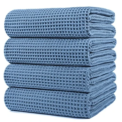 Imagen de Polyte Toalla de baño Microfibra antipelusa Secado rápido Punto gofrado Azul Grande: 152,4 x 76,2 cm Pack 4