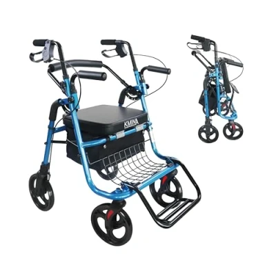Imagen de KMINA Andador para Ancianos con Asiento, Silla de Ruedas, Personas Mayores, Andadores 4 Ruedas Plegable, 2 en 1 Azul