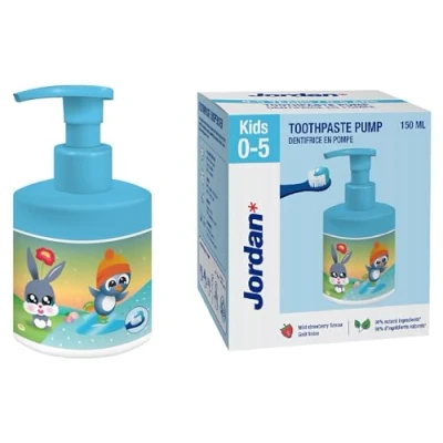 Imagen de Jordan ® pasta de dientes niños y bebés Dispensador en una bomba equivalente a 3 tubos regulares Solución desarrollada para Sabor Fresa 0 5 años 500ppm 150 ml