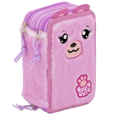 Imagen de Plumier Triple Niña Peluche Rosa Suave con diseño de Osito 45 Piezas Bolígrafos Gel Borrables, Tijeras, Pegamento Julian Ross Estuche Completo Escuela