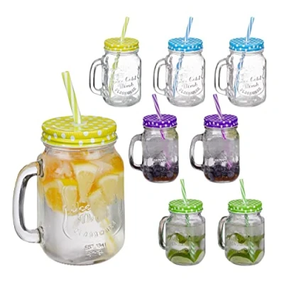 Imagen de Relaxdays Beber Jarras con Tapa y Pajita, Set de 8 Jarritas Limonada, 400 ml, Vasos Retro Veraniegos Asa, Multicolor, Hierro, Stück (1er Pack),