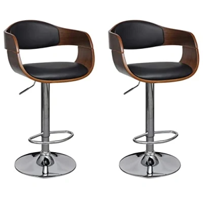 Imagen de vidaXL 2X Madera Curvada Taburetes de Cocina Casa Comedor Asiento Bar Bistró Pub con Reposapiés Respaldo Moderno Cuero Sintético Negro