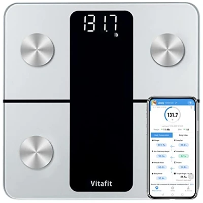 Imagen de Vitafit Bascula de baño digital, Fábrica Profesional DESDE 2001, Grasa Corporal y Muscular con App, Inteligente 13 Composición Peso IMC Muscular, 180kg Plata