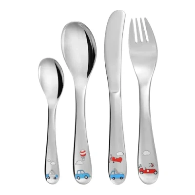 Imagen de GRÄWE Cubertería infantil para coche, juego de cubiertos acero inoxidable, tenedor infantil, cuchara cuchillo a partir 3 años, paquete regalo