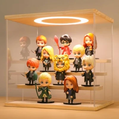 Imagen de Huijintao Vitrina de Acrílico, para Colección, Figuras, Vidrio Modelos, Coleccionables, con iluminación LED, 4 Niveles, Color Madera (30x22,5x28 cm)