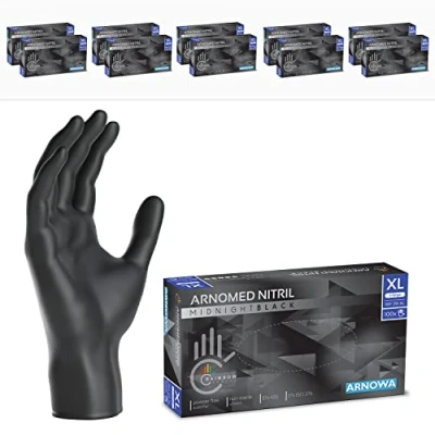 Imagen de ARNOMED guantes nitrilo negro talla XL, de nitrilo, 10 cajas (1000 uds), negros sin polvo y látex, desechables, mecanico en XS, S, M, L, XXL