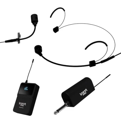 Imagen de Vieta Pro Dos Micrófonos Inalámbricos RF Baja Interferencia. Micrófono de Solapa + Micro Diadema Ergonómico Ajustable con USB C, Jack y Minijack Actuaciones Vlogs Party Mic Twin Negro