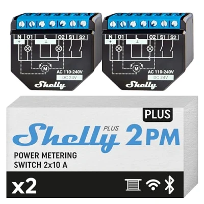 Imagen de Shelly Plus 2PM Smart Interruptor Relé Inalámbrico y Bluetooth 2 Canales con Medición De Potencia Automatización Hogar Compatible Alexa Google Home iOS Android App No Hub 2(Pack)