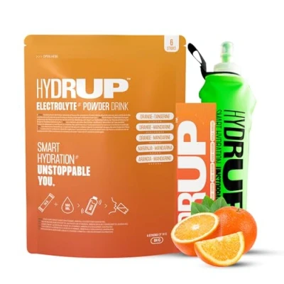 Imagen de Hydrup Electrolitos Sin Azucar en Polvo, con Botella Plegable Deportiva, Kit de 1733 mg Naranja Mandarina Hidratacion Vitaminas y Minerales, 6 Unidades