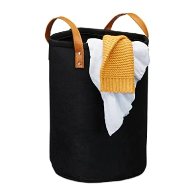 Imagen de Relaxdays Cesto Ropa Sucia, Cubo Colada con Asas, Infantil, Baño, Fieltro Cuero Sintético, 1 Ud, 28 l, 45 x 30 cm, Negro