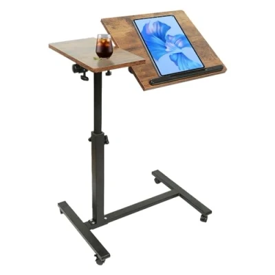 Imagen de HUOLE Mesa Auxiliar en Forma de C Ajustable Altura Centro versátil, para portátil y mesita Noche con Ruedas, Tablero madera 60 * 34,5 58 90cm (marrón)