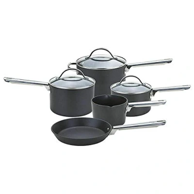 Imagen de Anolon Batería de Cocina Profesional anodizada con cazo para Leche, cacerolas y sartén, Color Negro, Aluminio Duro anodizado, Set of 5