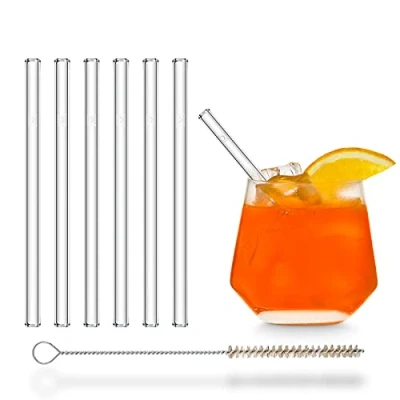 Imagen de HALM Pajitas de vidrio cortas 6 unidades rectas 15 cm Set pajillas cristal reutilizables + cepillo limpieza sin plástico Sorbetes para vasos cóctel, infantiles