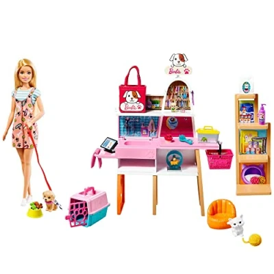 Imagen de Barbie Tienda de Mascotas Muñeca con establecimiento Animales y Accesorios para Juguete (Mattel GRG90)