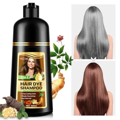 Imagen de Hair Dye Shampoo 3 en 1, 500ML Champu Tinte Canas para el cabello, Coloración del Color de larga duración hombres y mujeres (Castaño)