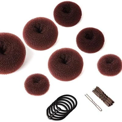 Imagen de Anillos de Donut Pelo juego Hacer moño 7PCS, Accesorios Peinado Kit con 5 Gomas Negras, 20 horquillas para peinados Chignon, niñas (marrón)
